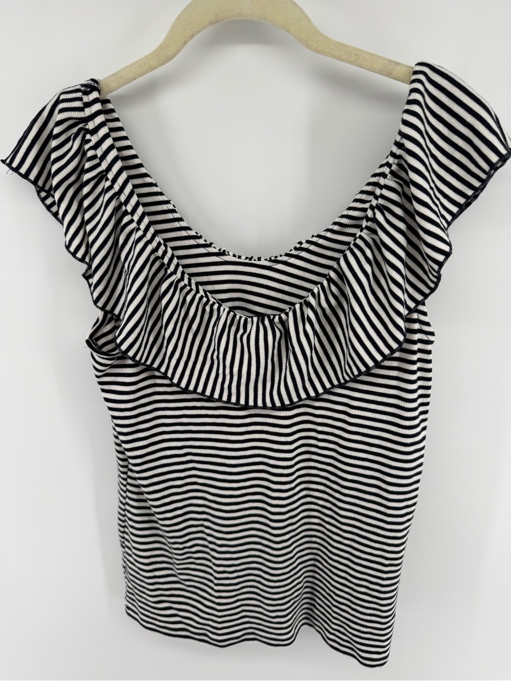 a new day Black & White Striped Ruffle Off-Shoulder Tank - Picture 3 of 7